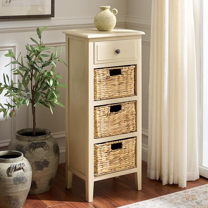 SAFAVIEH Home Collection – Michaela Sand 4-Drawer Storage Unit, Natural Rattan Basket Organization, Fully Assembled (AMH5744G)