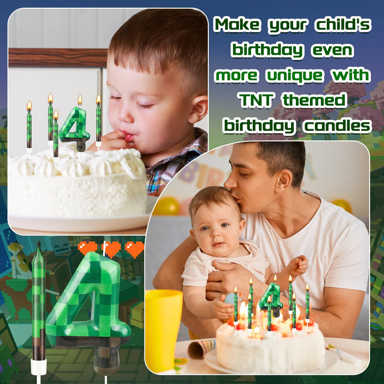 13 Pcs Dynamite Candles 12 TNT Themed Birthday Cake Candles and Number 4 Candle Cake Topper for Pixel Theme Birthday Party Anniversary Party Dynamite Theme Party Video Game Party Supplies (13 Count)