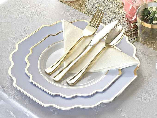 " OCCASIONS " 960 Piece set (120 Guests)-Heavyweight Wedding Party Disposable Plastic Plate Set - 120 x 10.5'' + 120 x 8'' + Silverware + Cups + Napkins (Imperial in White & Blue & Gold)