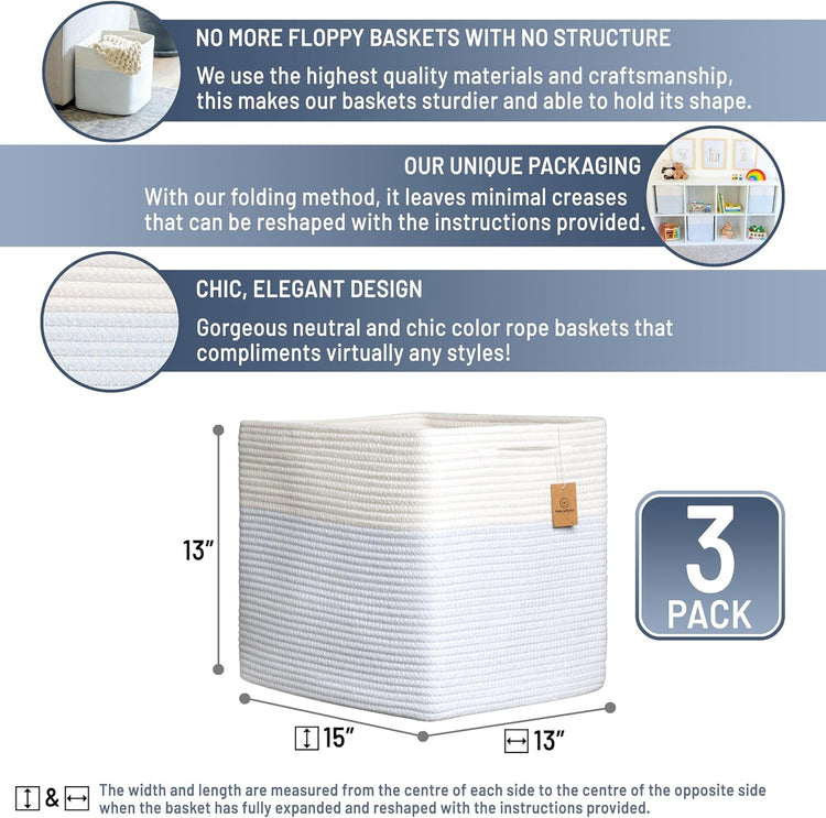 NaturalCozy 13x15x13 Kallax Storage Cubes Bins, 3 Pack | Cotton Rope Cube Storage Bin Woven Baskets for Organizing | Kallax Insert Storage Baskets for Shelves Organizer, Kids Toy, Closet Baby Nursery