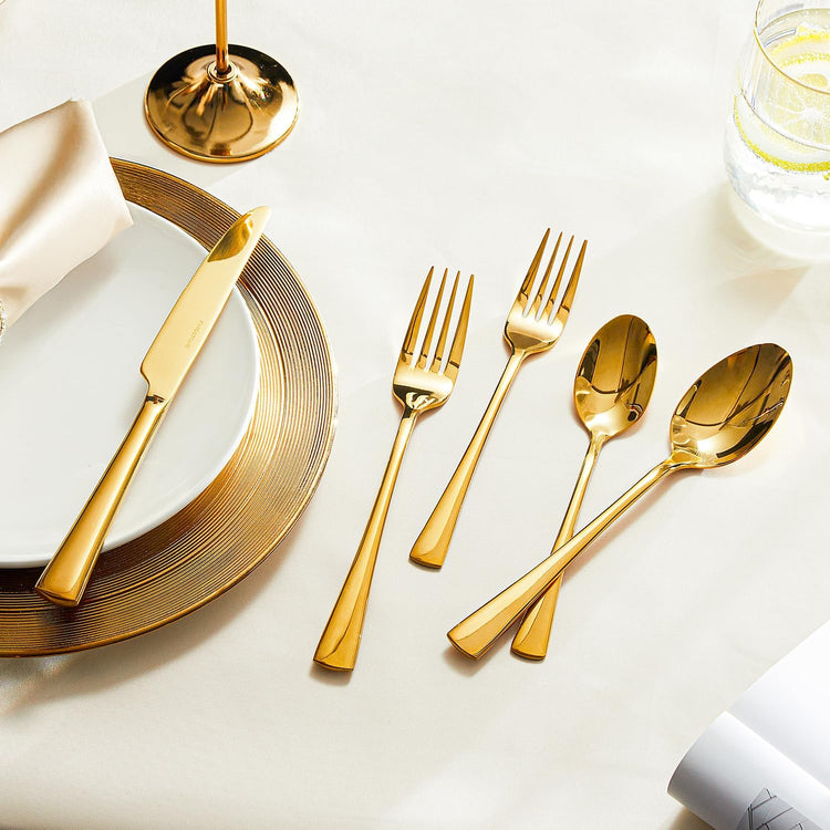 KINGSTONE Silverware Set for 12, 60-Piece Forged 18/10 Stainless Steel Flatware Set, Mirror Finish Cutlery Set Dishwasher Safe for Home, Restaurant, Wedding, Party, Gold