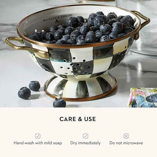 MACKENZIE-CHILDS Enamel Colander, Decorative Kitchen Strainer, Small, Black-and-White Courtly Check