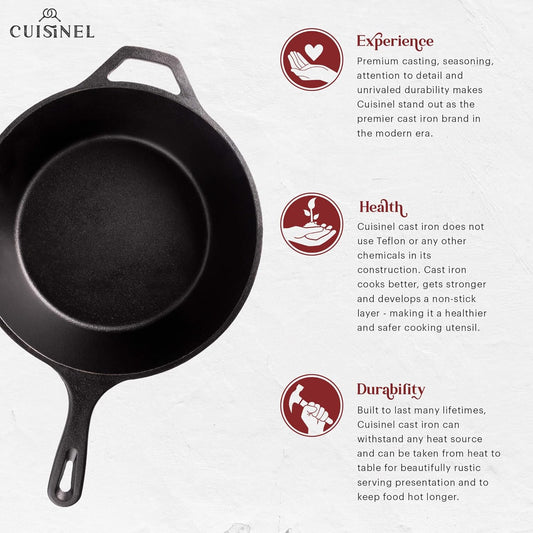 Cuisinel Cast Iron Skillet + Lid - 2-In-1 Multi Cooker - Deep Pot + Frying Pan - 3-Qt Dutch Oven - Pre-Seasoned Oven Cookware - Works for Bread, Indoor/Outdoor, Grill, Stovetop and Induction - Nestoria