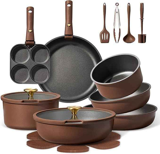 CAROTE 21pcs Pots and Pans Set, Nonstick Cookware Set Detachable Handle, Induction Kitchen Cookware Sets Non Stick with Removable Handle, RV Cookware Set, Oven Safe, Brown