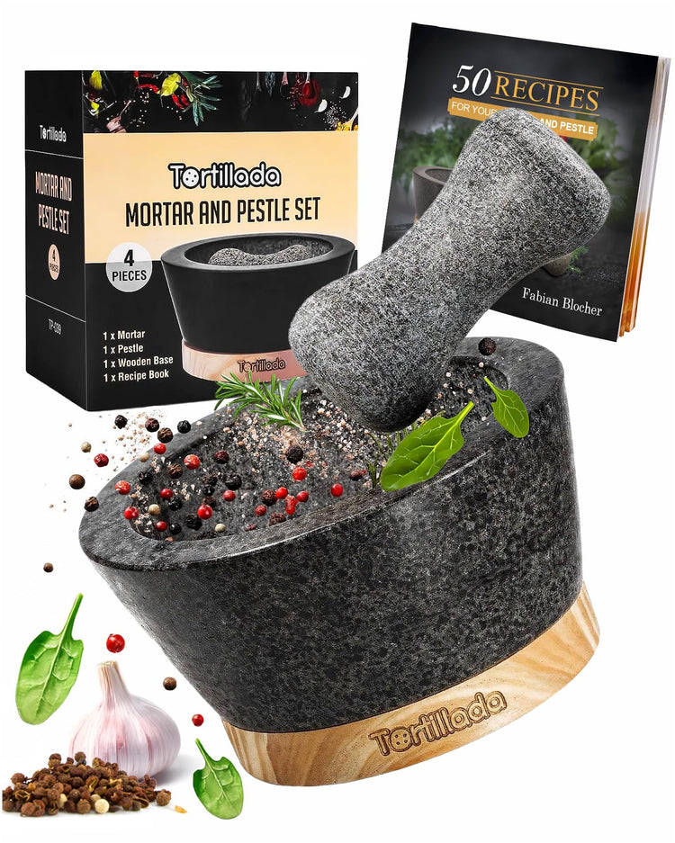 6 inch Mortar and Pestle Set Large Made of Natural Granite with Anti