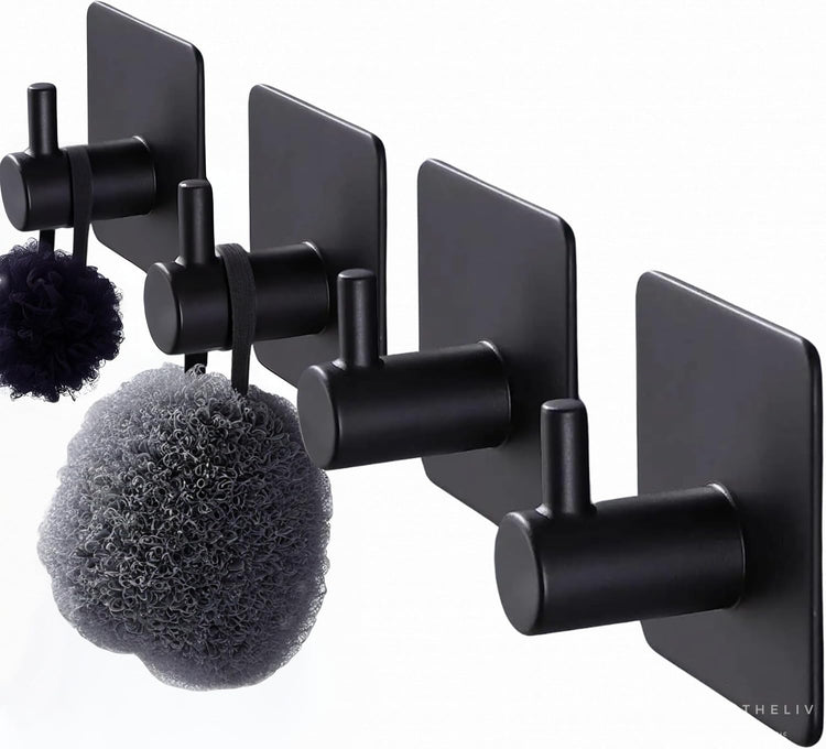 Adhesive Hooks for Hanging - 4 PCs, Towels Hooks for Bathroom, Sticky Hooks for Walls No Damage, Adhesive Hook for Outside, Kitchen, Bathroom, Office (Black 1)