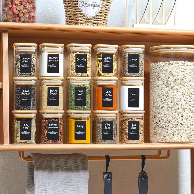 Glass Spice Jars with Labels 6 oz 6 Pack Small Square Bamboo Lids (6 Count)