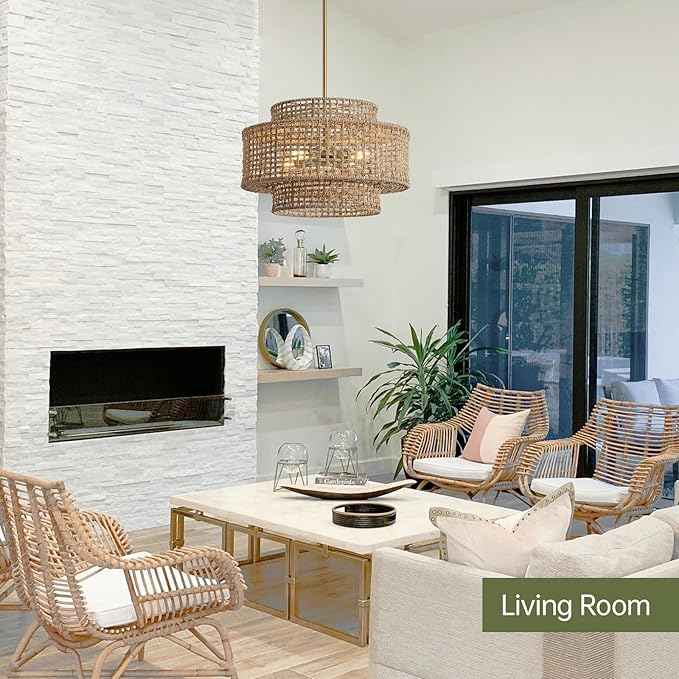17.7” Boho Rattan Chandelier Light Fixture 4-Light Hand Woven Rustic Chandeliers with Wicker Shade, Farmhouse Chandelier Hanging Light for Dining Room Kitchen Island, Living Room, Foyer