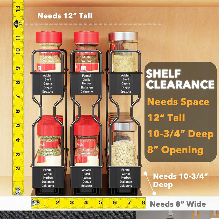 SpaceAid Pull Out Spice Rack Organizer, Heavy Duty Slide Out Seasoning Kitchen Organizer, Cabinet Organizer, with Labels, 7.7" W x10.75 D x10 H, 3 Drawers 2-Tier
