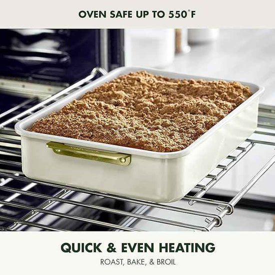 GreenPan Bakeware 13” x 9” Rectangular Cake Pan, Ceramic Nonstick Baking Pan, PFAS & BPA Free, Gold Handles, Durable Steel, Freezer to Oven Dish, Scratch Resistant, Bake & Roast Ovenware, Cream
