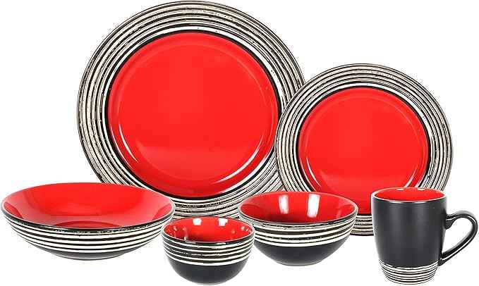 48 Piece Dinnerware Set, Ceramic Plates and Bowls Sets for 8, Microwave and Dishwasher Safe, Handcrafted Tree Bark Series Dish Set, Strawberry/Red