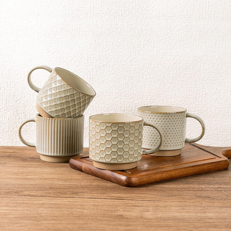 GBHOME 12OZ Stackable Coffee Mugs, Ceramic Coffee Mugs with Texture Patterns for Man,Woman,Dad,Mom, Modern Coffee Mugs Set of 4 for Latte/Cappuccino/Cocoa. Dishwasher&Microwave Safe, Pale Khaki