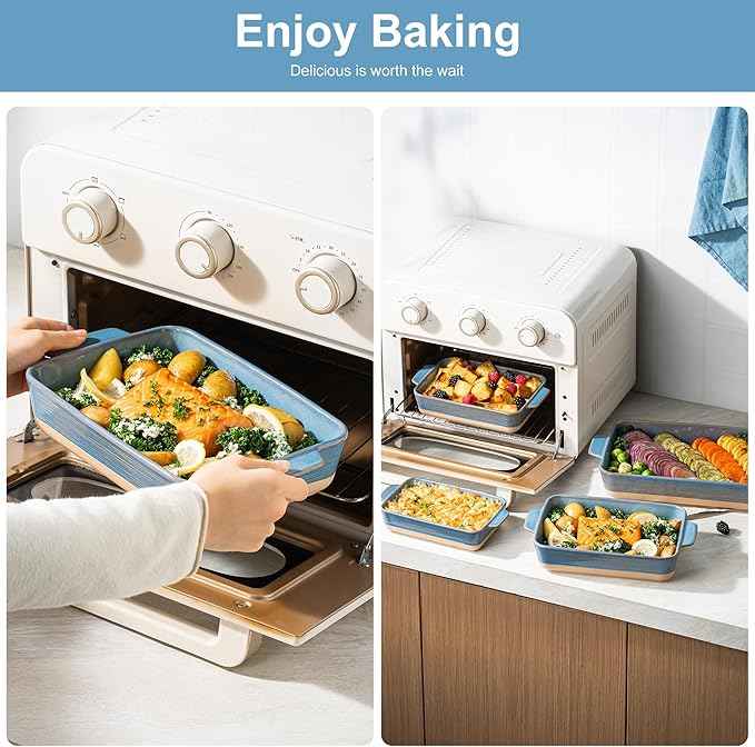 Casserole Dishes for Oven, Baking Dishes, Ceramic Bakeware Sets of 4, Rectangular Baking Pan Set with Handles for Baking, Casserole, Kitchen, Wedding Gift (Blue Yellow)