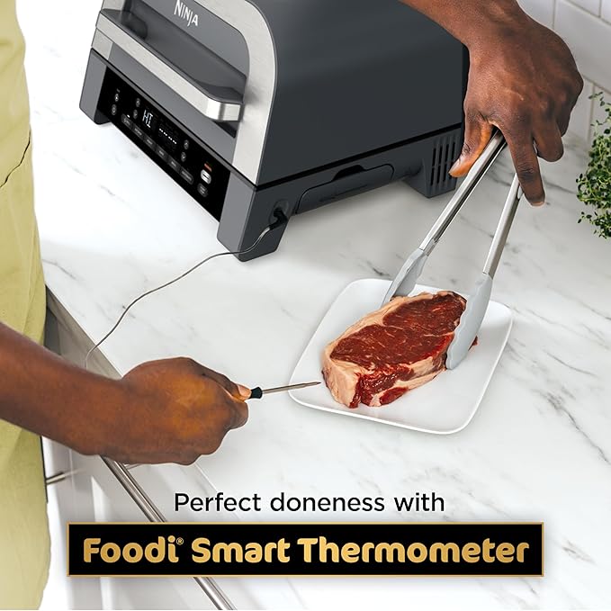 Ninja DG551 Foodi Smart XL 6-in-1 Indoor Grill with Air Fry, Roast, Bake, Broil, & Dehydrate, Foodi Smart Thermometer, 2nd Generation, Black/Silver