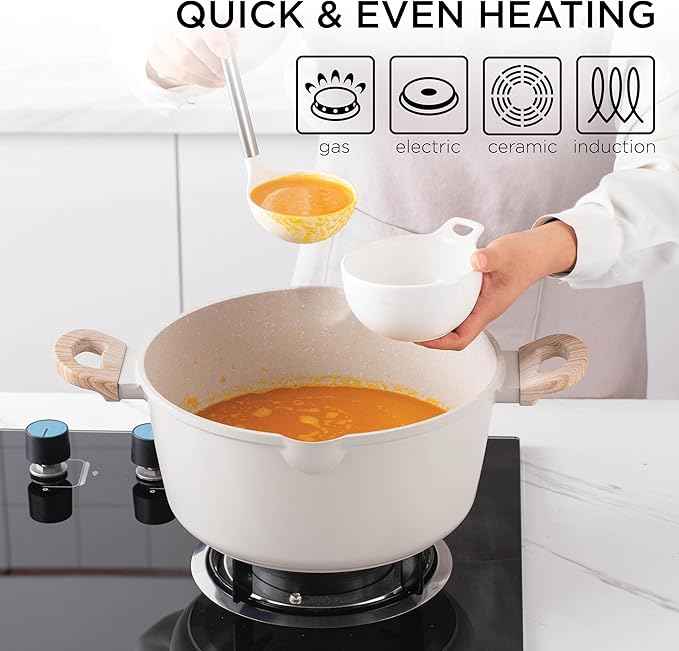Country Kitchen Non-Stick Cast Aluminum Cookware Set - Durable Kitchen Cookware for Everyday Cooking, Cream Round Handle, 11 Pc.