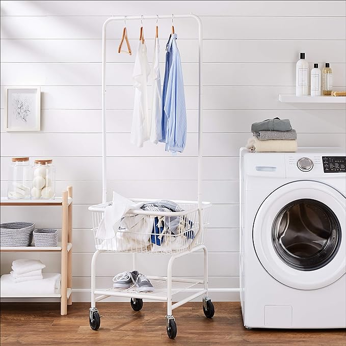 Amazon Basics Rectangular Laundry Hamper Basket Butler Cart with Wheels and Hanging Rack, Sturdy Metal, 71.1 inches Height, White
