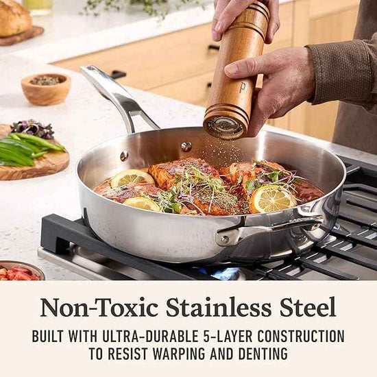 Calphalon Premier Polished 5-Ply Stainless Steel Cookware Set w/Turbo Heat Tech 8 Piece Includes Frying Pans, Pots and Pans Set, Induction, Oven Safe 500F, PFOA Free, Polished Stainless Silver