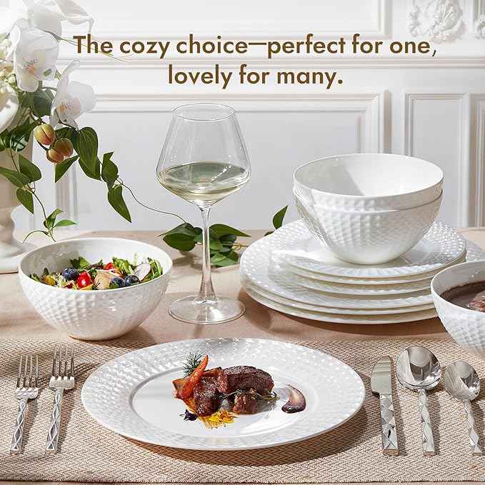 KINGSTONE 12-piece Bone China Dinnerware Set and 20-piece silverware, White Lightweight Porcelain for 4, Plates, Bowls with matching flatware, Microwave and Dishwasher Safe, for Family, Gifting