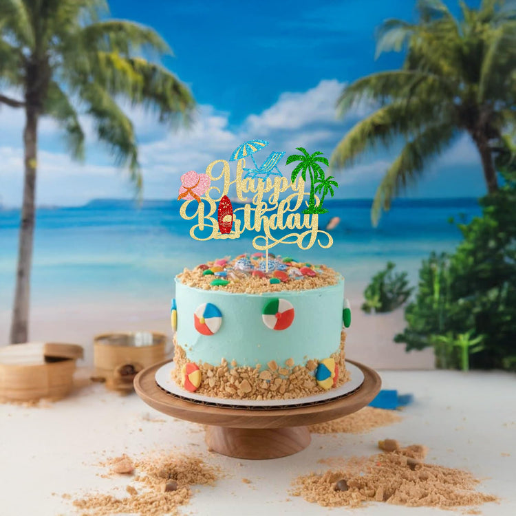 1Pcs Summer Beach Happy Birthday Cake Topper Glitter Ball Tree Umbrella Pool Cake Pick for Hawaiian Holiday Baby Shower Birthday Party Cake Decorations Supplies Gold