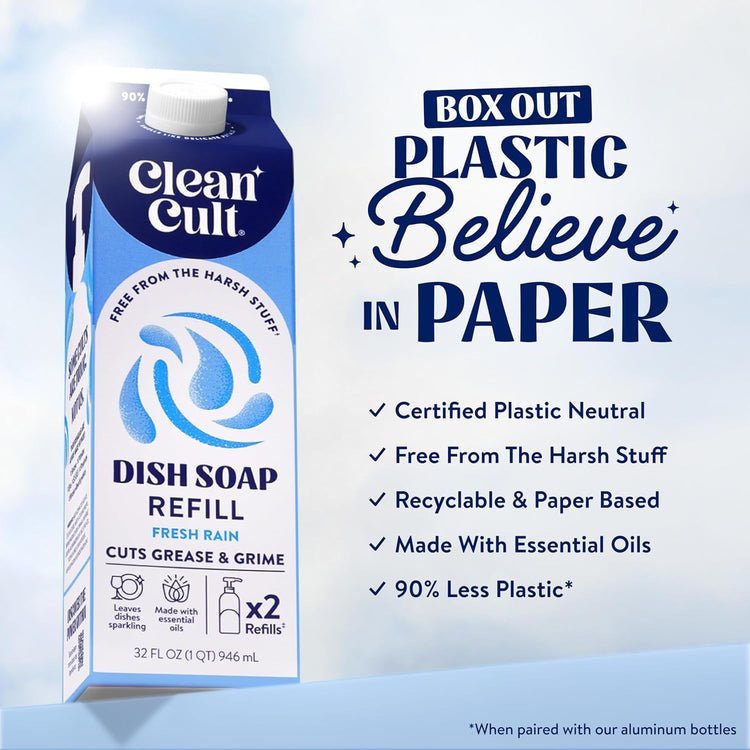 Cleancult Dish Soap Liquid Refill (32oz, 1 Pack) - Plant Based Cleaning Power - Dish Soap that Cuts Grease & Grime - Free of Harsh Chemicals - Uses 90% Less Plastic - Fresh Rain