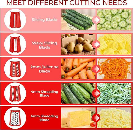 SUSTEAS Rotary Cheese Grater with Handle - Vegetable Shredder with 5 Well-designed Blades & Strong Suction Base,Round Mandoline Slicer & Food Chopper for Kitchen,with Blade Storage Box(Red)