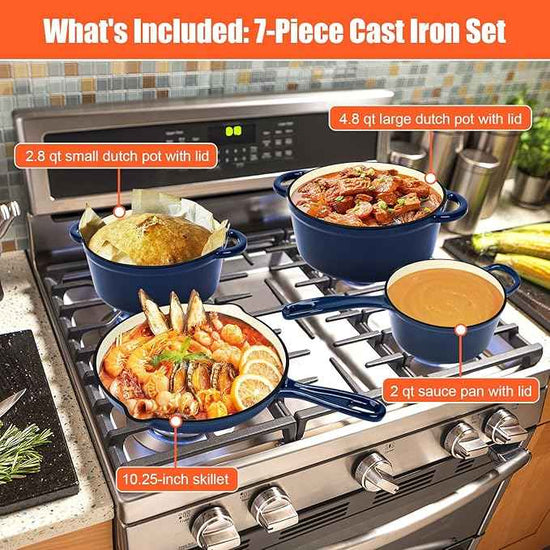 QuliMetal Nonstick Enameled Cast Iron Cookware Set, 5-Piece Pots and Pans Set with Lids, Dutch Oven, Saucepan and 3 Skillets, for All Stovetops, Oven Safe to 500°F
