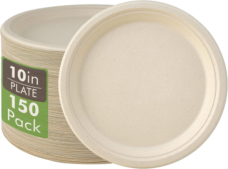 Vplus 150 Pack Compostable Disposable Paper Plates 10 inch Super Strong 100% Bagasse Natural Biodegradable Eco-Friendly Sugarcane Plates(nature)