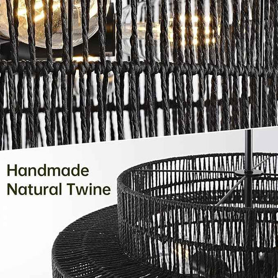 4-Light Black Boho Rattan Chandelier Light Fixture, 17.7” Hand Woven Rustic Chandeliers Farmhouse Chandelier Hanging Light for Dining Room Kitchen Island, Living Room, Foyer