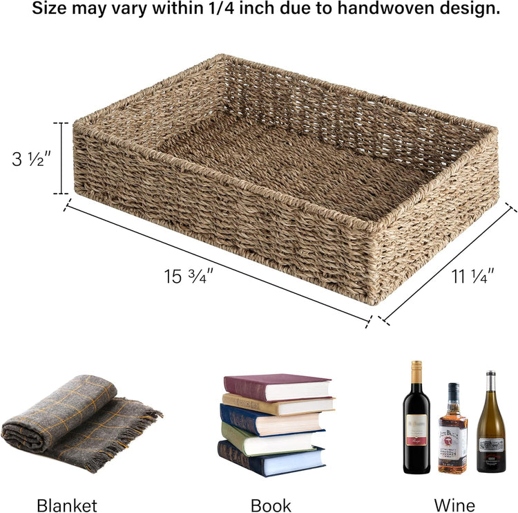 StorageWorks Large Seagrass Tray for Bathroom, Seagrass Storage Baskets for Shelves, Handwoven Natural Wicker Baskets for Organizing, 2-Pack