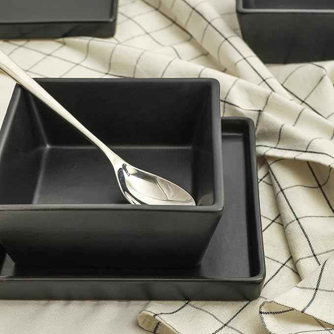 Stone Lain 24 Pieces Stoneware Square Dinnerware Set, Black Matte