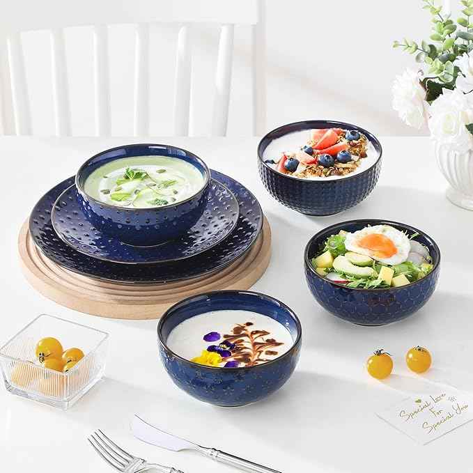 MALACASA 12 Pieces Dinnerware Sets, Modern Plates and Bowls Sets, Blue Dish Set for 4, Kitchen Ceramic Dinner Plates Dishware Set, Microwave and Dishwasher Safe, Series LYDIA
