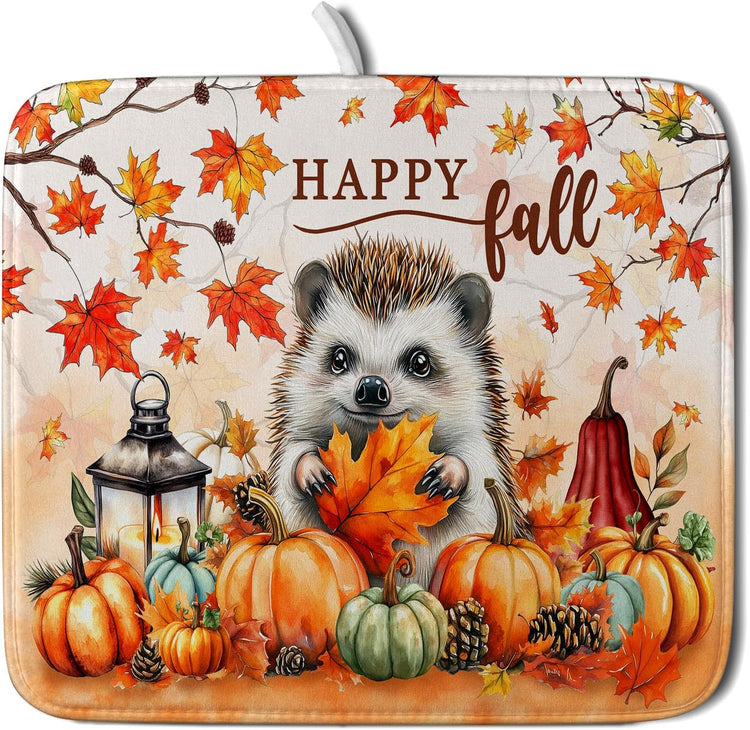 Happy Fall Dish Drying Mat - Cute Hedgehog Absorbent Drying Pad for Kitchen Counter