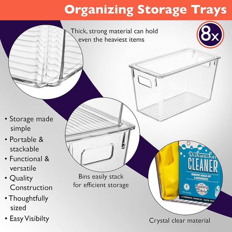 ClearSpace Modern Plastic Storage Bins with Lids Perfect Kitchen Organization or Pantry Fridge Organizer, 8 Pack, Transparent, Rectangular, 12.5" x 6" x 7", 9L Capacity, 8 Compartments