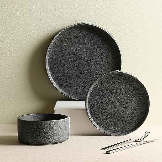 Stone Lain Bao Charcoal 24-Piece Stoneware Dinnerware Set – Service for 8, Round Dinner, Salad & Cereal Plates – Modern Textured Tableware for Everyday Dining & Entertaining
