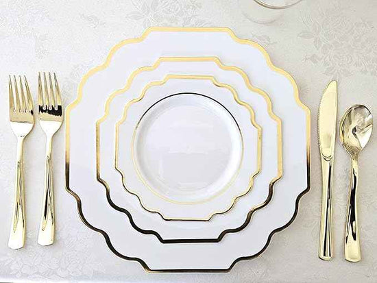 " OCCASIONS " 320 Piece set (40 Guests)-Heavyweight Wedding Party Disposable Plastic Plate Set - 40 x 10.5'' + 40 x 8'' + Silverware + Cups + Napkins (Imperial White & Gold)