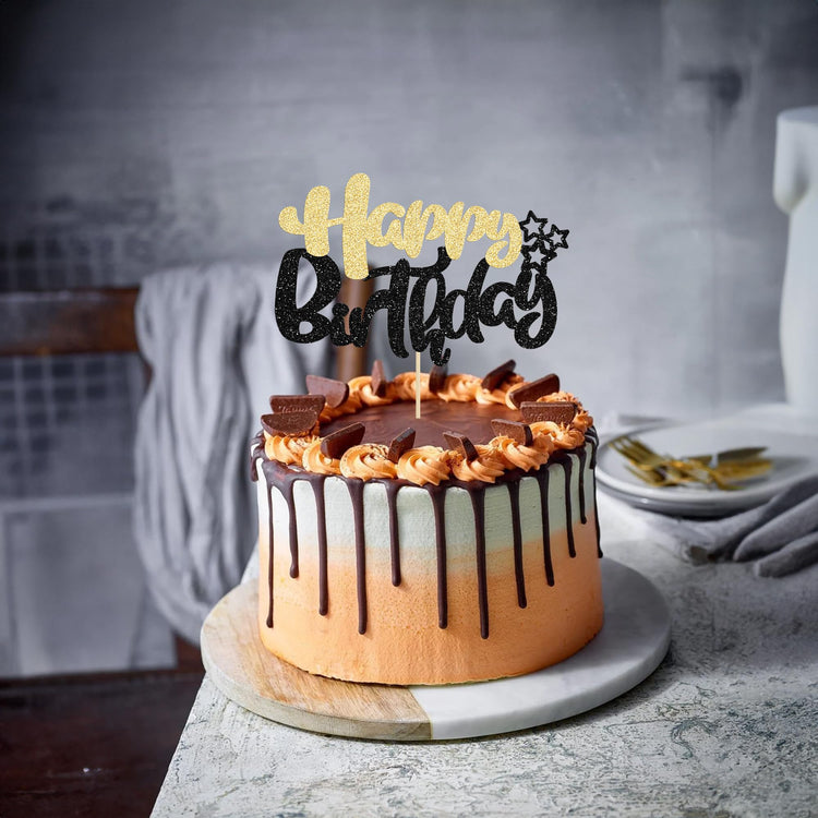 1Pcs Happy Birthday Cake Topper Glitter Cake Pick for Celebrating Anniversary Theme Party Cake Decorations Supplies Black Gold