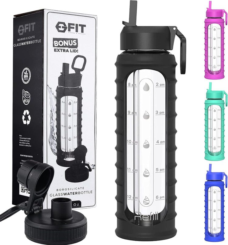FIT Strong & Healthy 32 oz Glass Water Bottle with Straw Lid, Time Marker, Sleeve & Extra Lid - Motivational, Wide Mouth 1 Liter Glass Drinking Bottle