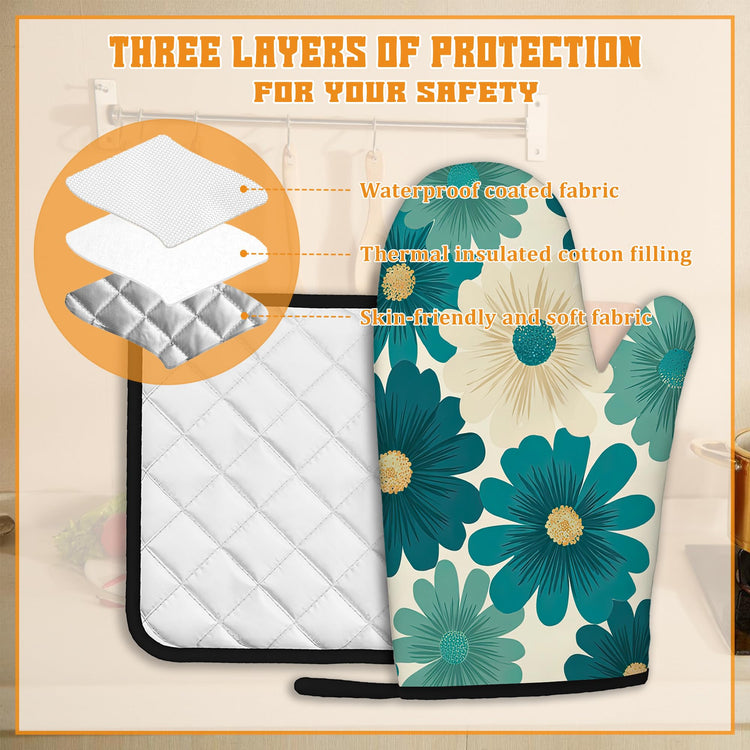 Abstract Daisy Flower Oven Mitts and Pot Holders (4 Count)
