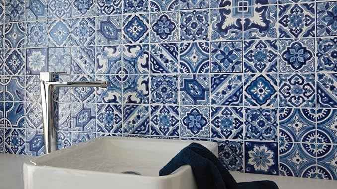 DYARI Set of 9 Decorative Ceramic Tiles – Hand Painted Indoor & Outdoor – Artisan Top Kitchen – Mediterranean Decorative 4x4 / One Tile Durable Colorful (Blue, 9 Tiles (1 Sq Ft))