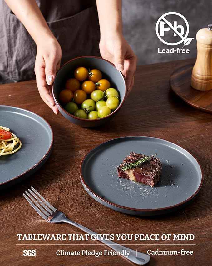 Famiware Mercury Dinnerware Sets with Mugs, Service for 4 (16 Pieces), Plates and Bowls Sets, Microwave and Dishwasher Safe Dishes Set, Charcoal