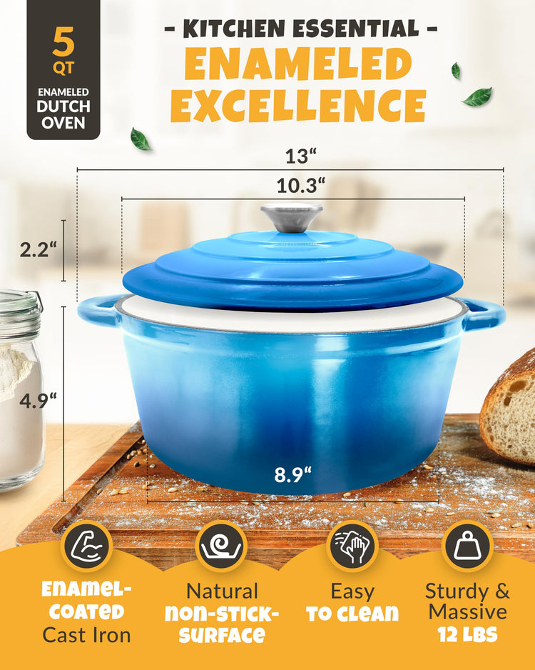 5 QT Enameled Dutch Oven for Bread Baking with Lid & Baking Set
