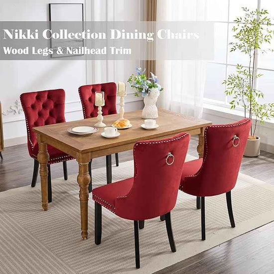Velvet Dining Chairs Set of 2, Upholstered Dining Room Chairs with Back Ring Pull Trim and Solid Wood Legs,Tufted Wingback Kitchen Chairs for Dining Room,Kitchen(Wine Red)
