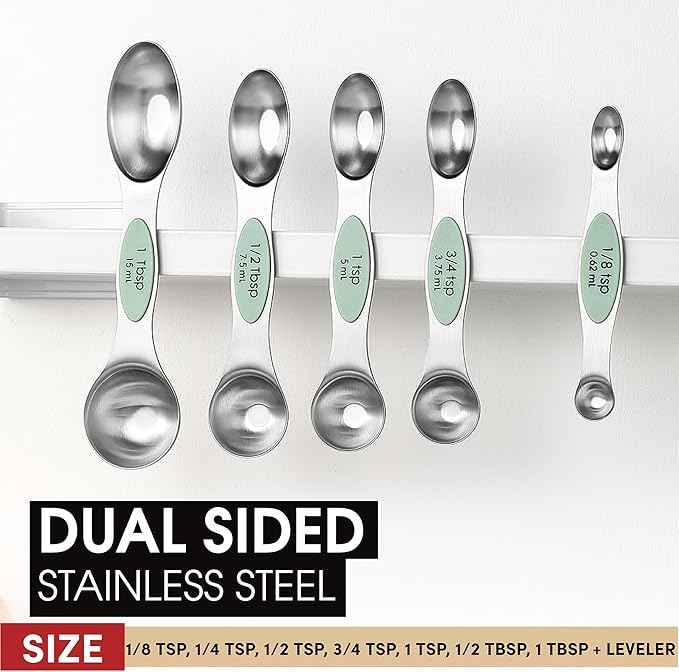 Spring Chef Stainless Steel Magnetic Measuring Spoons Set of 8 with Leveler, Dual Sided Teaspoon & Tablespoon Set, Nesting Metal Kitchen Gadgets for Baking & Cooking, Fits in Spice Jars - Pistachio