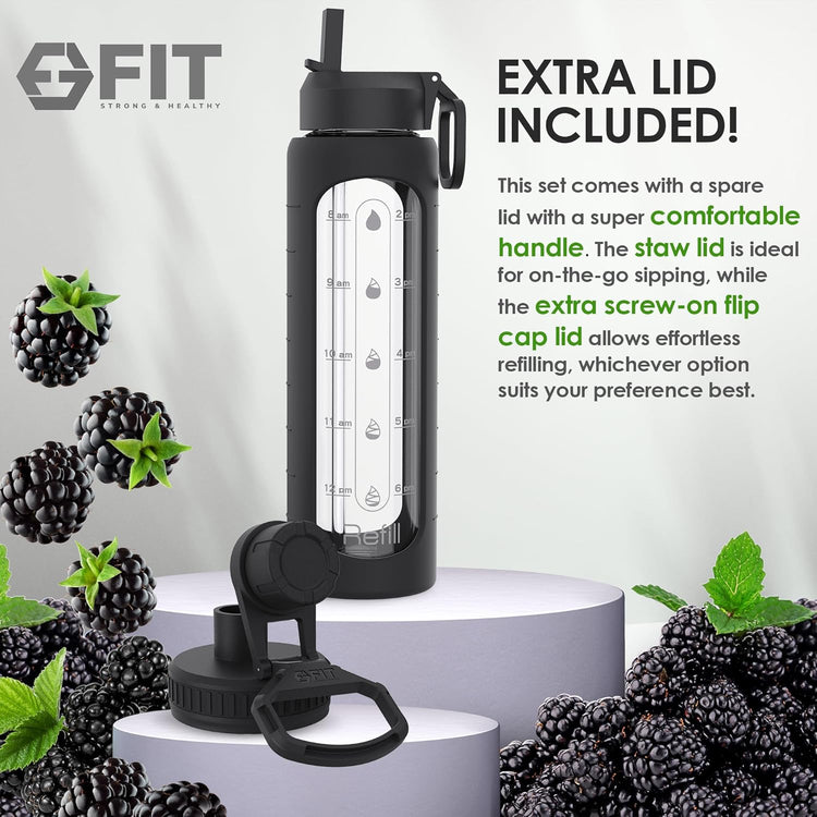 FIT Strong & Healthy 32 oz Glass Water Bottle with Straw Lid, Time Marker, Sleeve & Extra Lid - Motivational, Wide Mouth 1 Liter Glass Drinking Bottle
