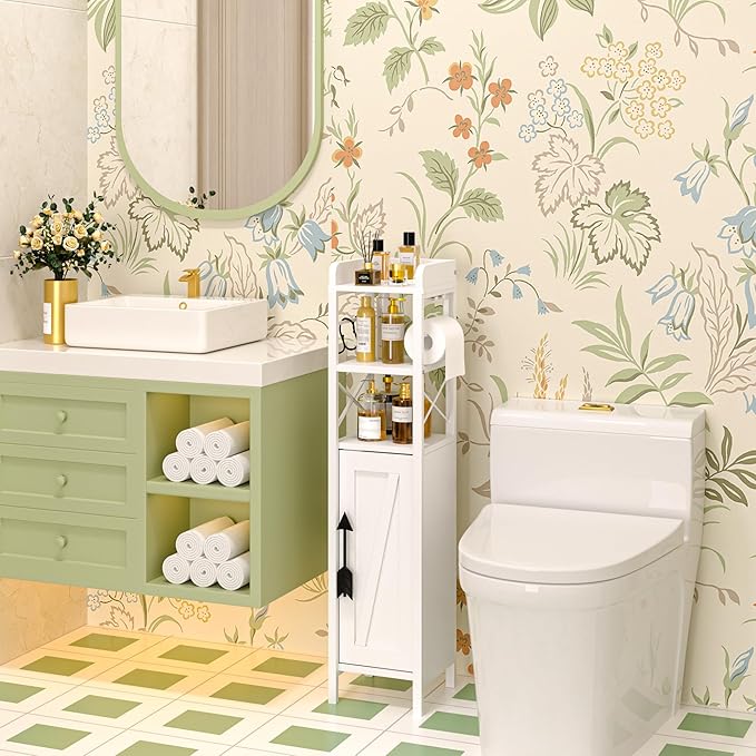 VECELO Slim Toilet Paper Holder, Small Cabinet with Door & 2 Shelves Fenced Top, Bathroom Narrow Storage Organizer for Restroom Bathroom Tiny Space, Pearl White