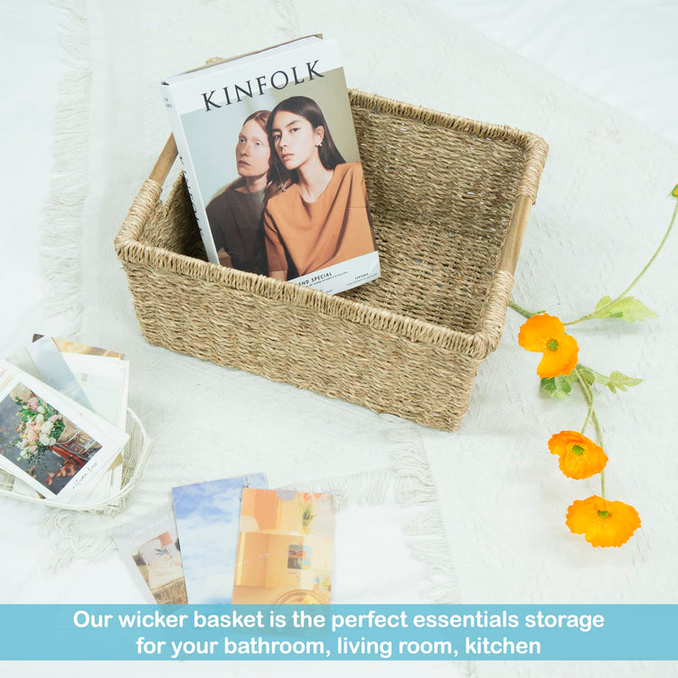 Large Wicker Basket Rectangular with Wooden Handles for Shelves (3 Count)