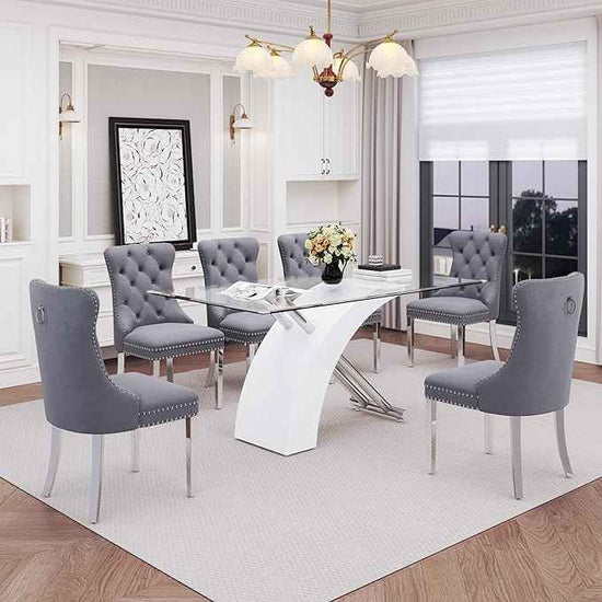 7 Piece Glass Dining Table Set for 6, 63" Modern Kitchen Table with 6 Grey Velvet Chairs, Tempered Glass Tabletop with White X-Shaped MDF Base, Modern Dining Room Set for Kitchen and Dining Room