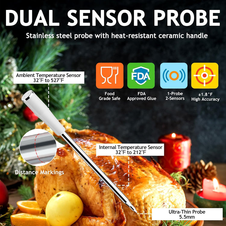Meat Thermometer Digital Wireless with 800ft Range, Bluetooth 5.3 Food Thermometer with Dual-Temperature Probe, LCD Display and App&Case Setting for Grilling Smoking Cooking
