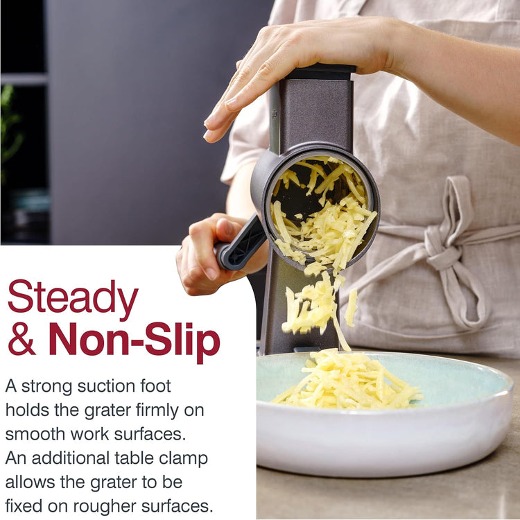 Zyliss Rotary Cheese Grater, Aluminium, 3 Steel Drum Blades, Cheese, Vegetable, Chocolate, Nut, Fruit Grater with Handle, Non-Slip Suction Foot and Table Clamp, 5 Year Guarantee
