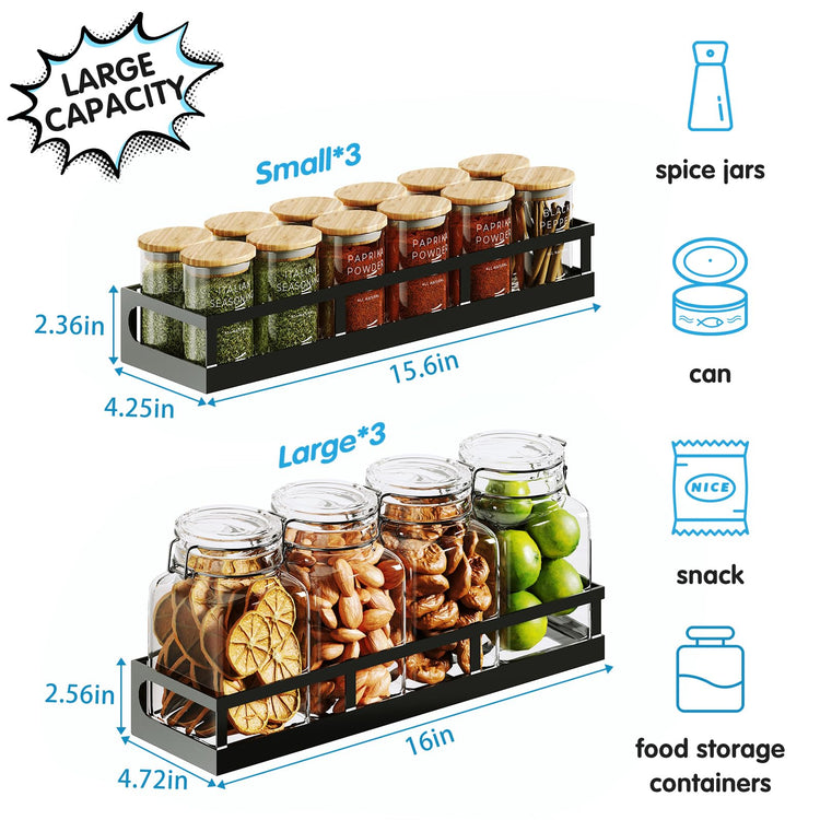 6-Tier Wall-Mounted Spice Rack Organizer with Mixed Basket Sizes, Height-Adjustable Hanging Spice Shelf for Kitchen Pantry Cabinet, Large-Capacity Seasoning Holder, Black